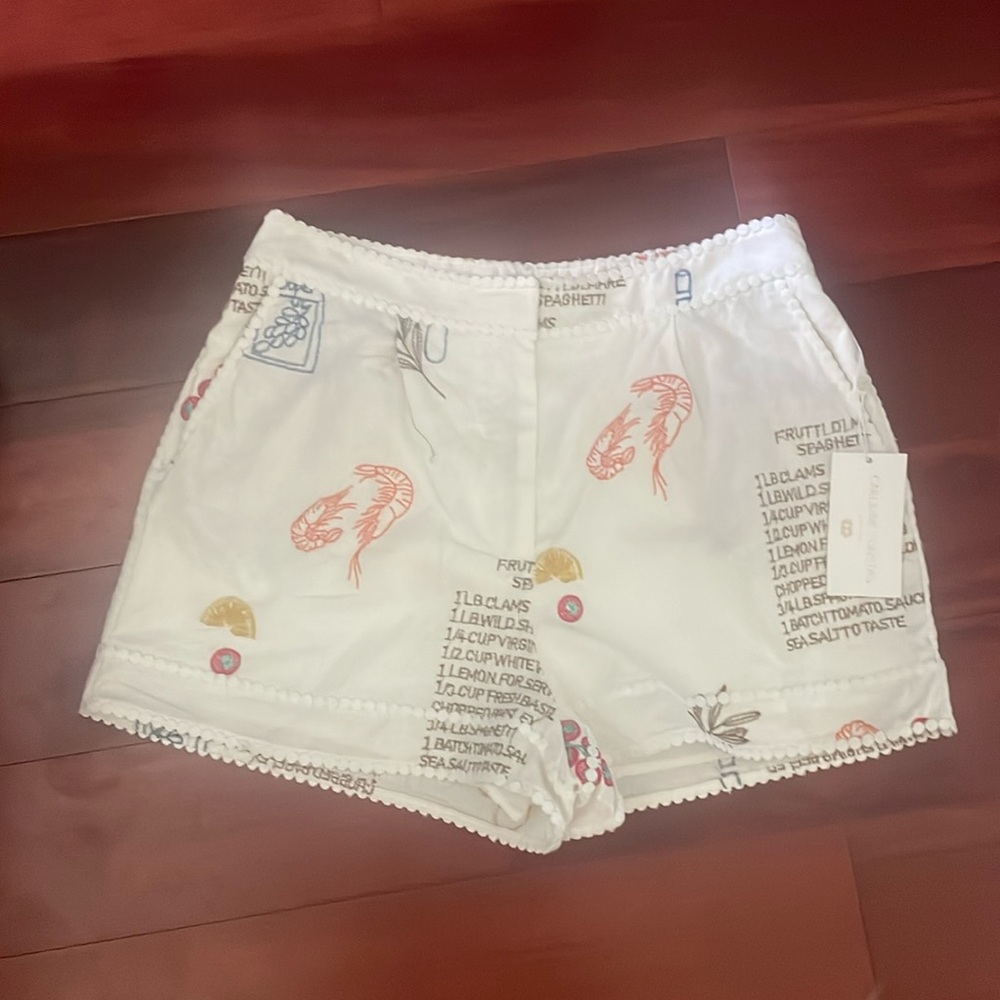 NWT Caroline Constas Embroidered Recipe Shorts White Frutti Di Mare Sz 10